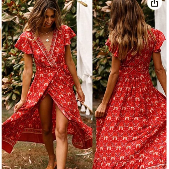 Red patterned boho wrap v neck maxi split dress - Picture 2 of 15